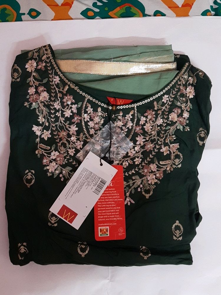 W Brand Green Embroidered Straight Kurta-Solid Tig