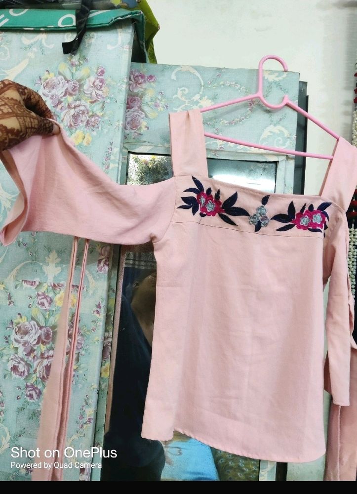 Pink Embroidery Shoulder Cut Top.