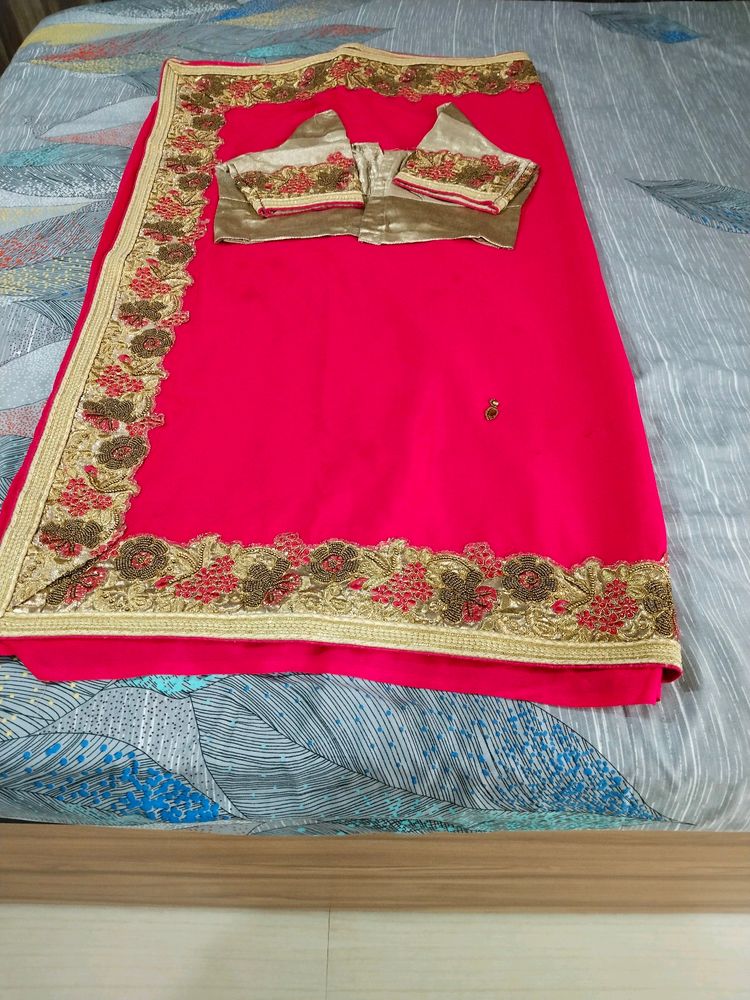 Chiffon Sari With Golden Blouse