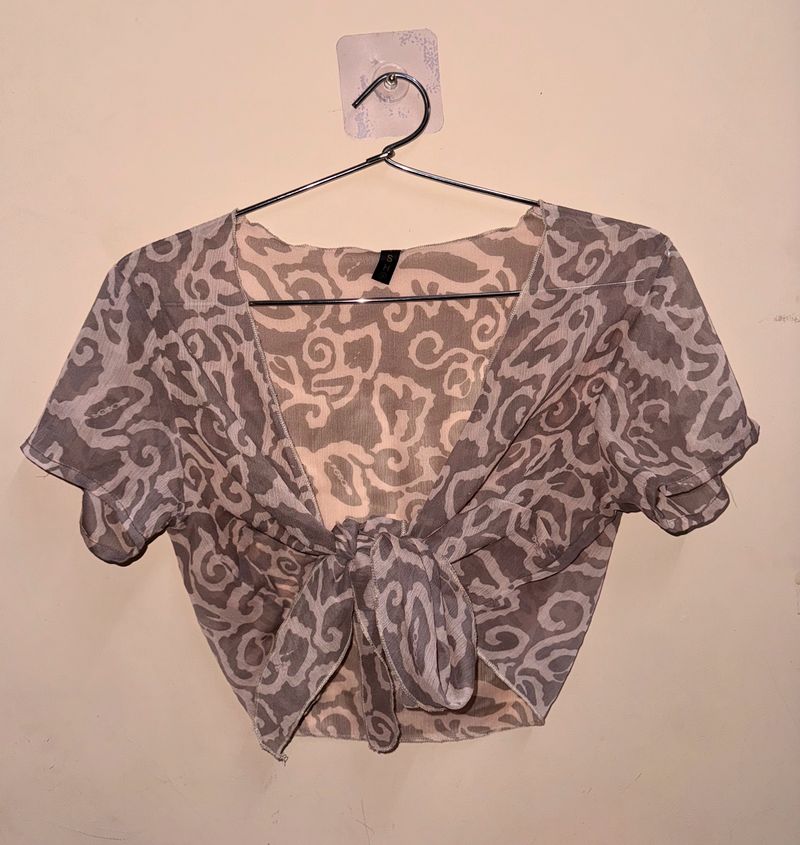 Leaves Print chiffon Shrug Front Tie Knot