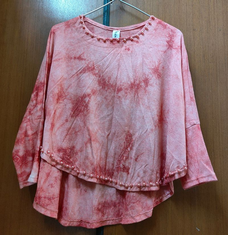 Cute Tie-dyed Peach Coloured Poncho Style Top