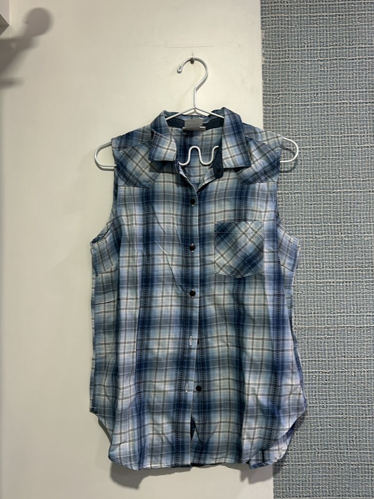 Blue Plaid Sleeveless Shirt