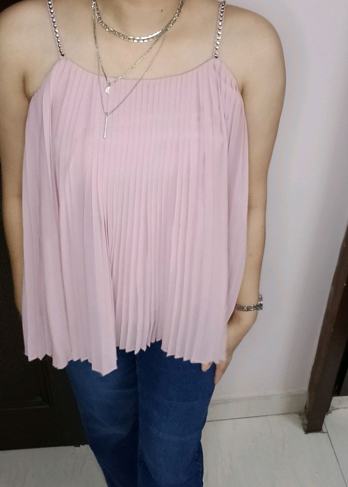 Women Pink Flared Double Layered Sleeveless Top