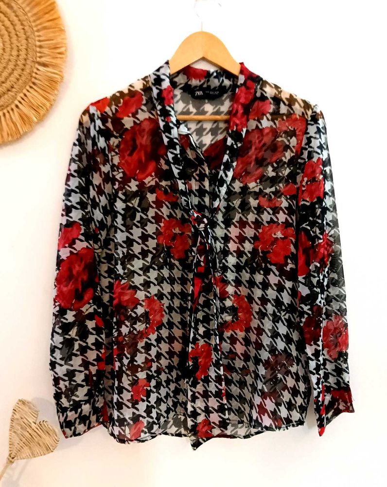 Zara Floral Houndstooth Shirt