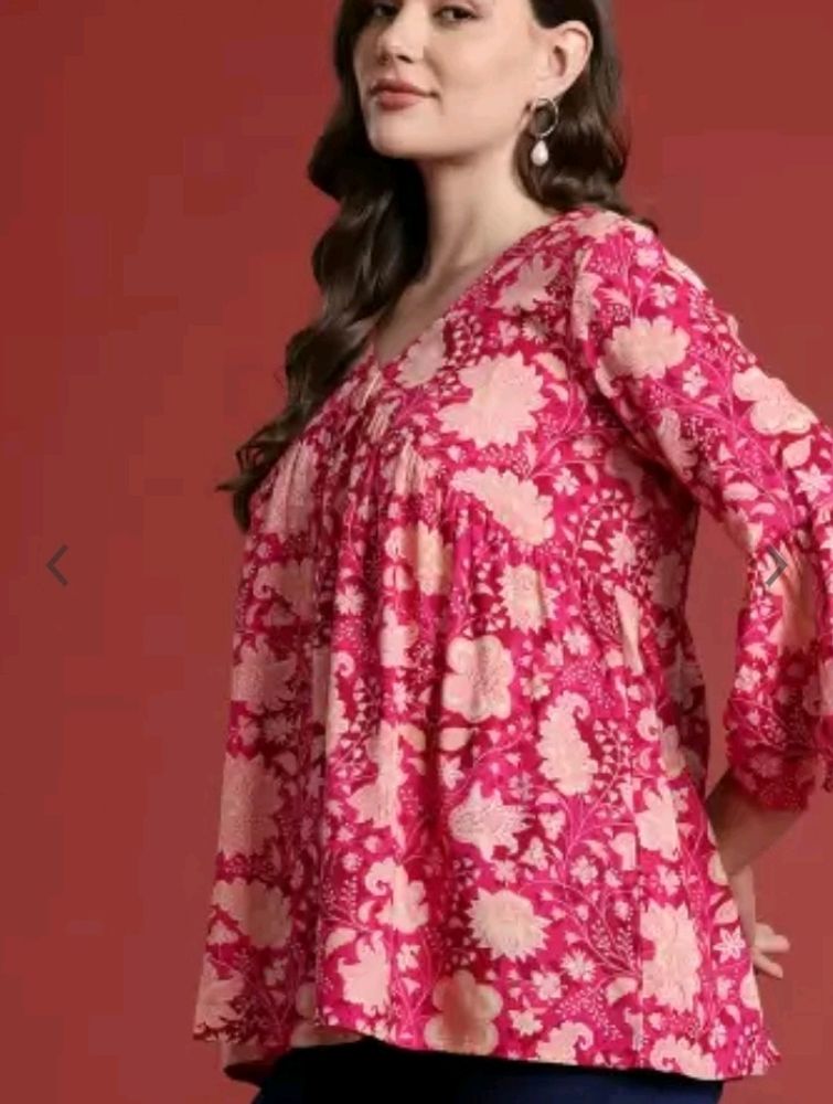 Floral Print V Neck Short Kurti