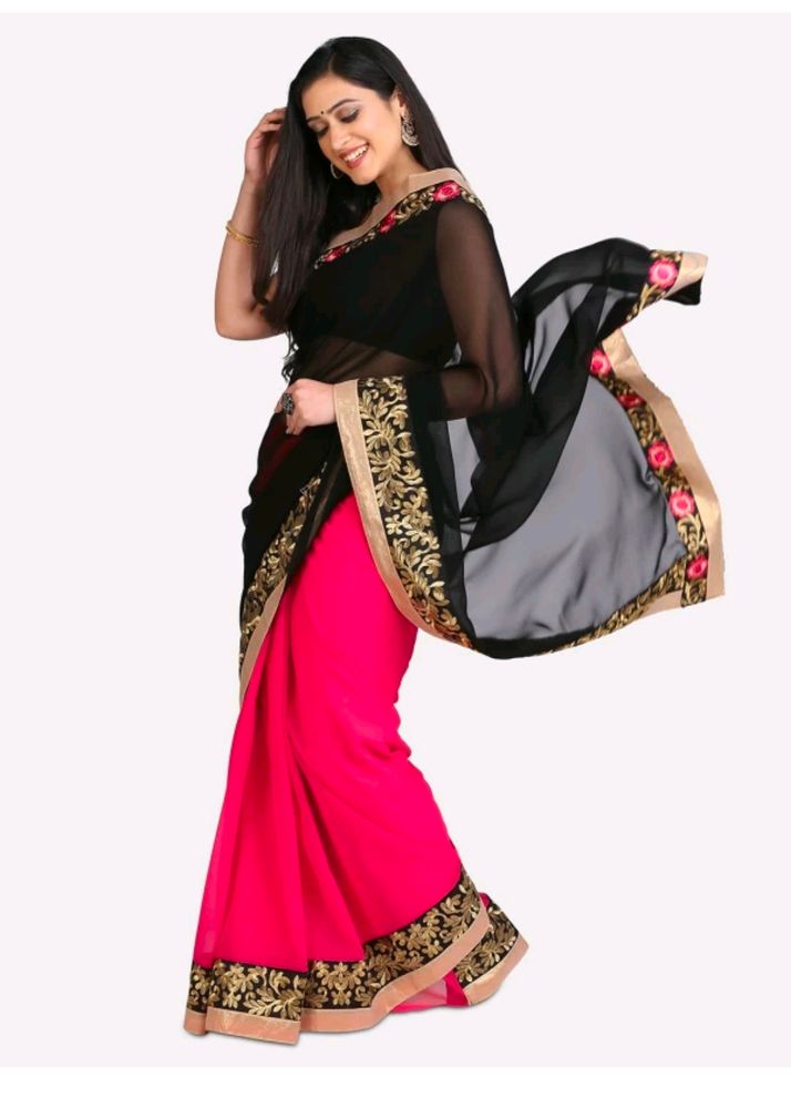 Pink Black Georgette Sareee