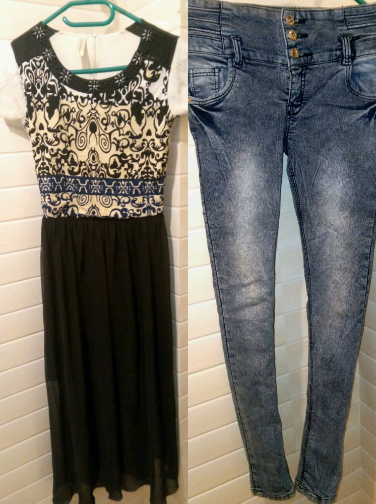 LONG CHIFFON DRESS &HIGH WAIST DENIM JEANS