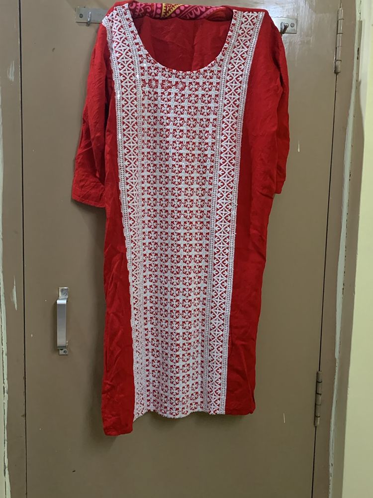 Short Red Kurti With White Thread Work And Sequins