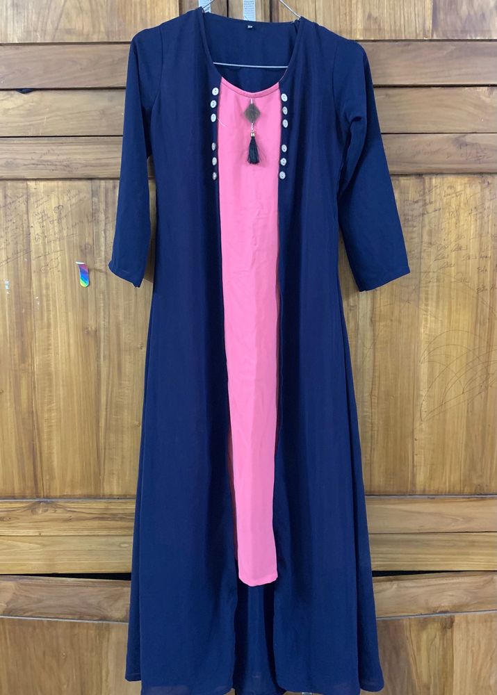 Navy Blue And Pink Long Dress, Full Sleeve, Used dress with minor damage