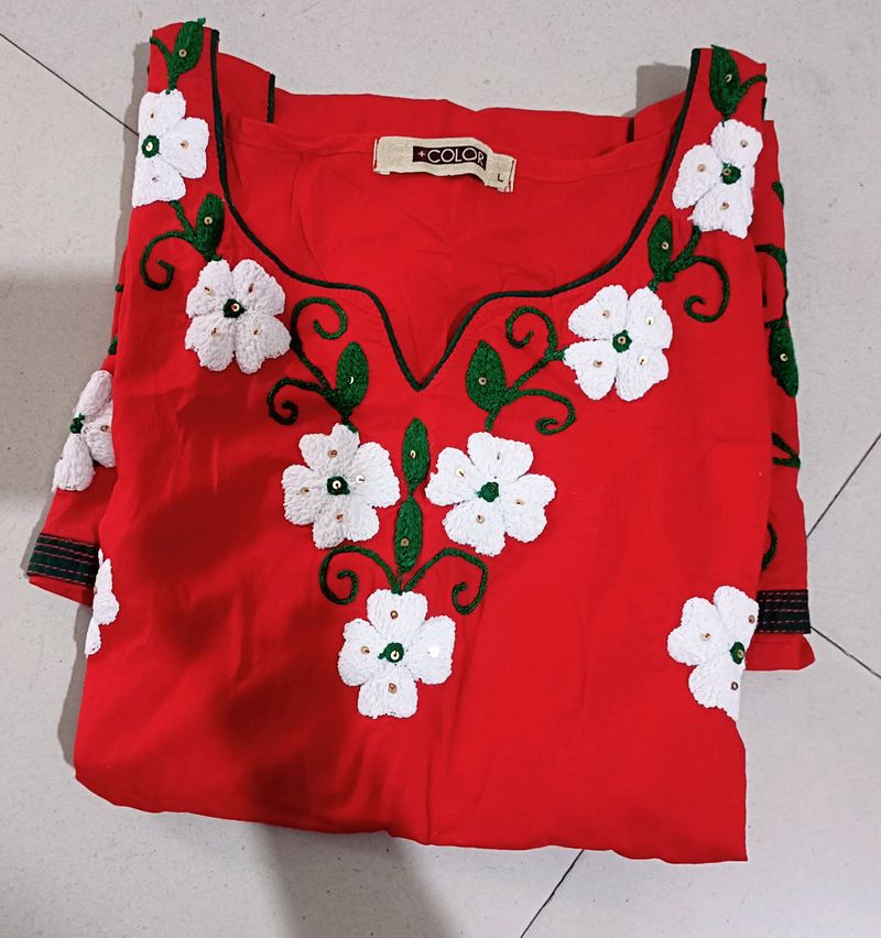 Red Embroidered Handwork Kurta