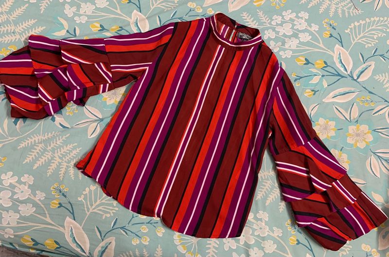 Maroon brown striped trendy top for women