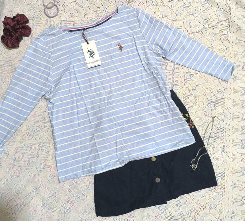 Blue Oversized Long Sleeve US Polo Top