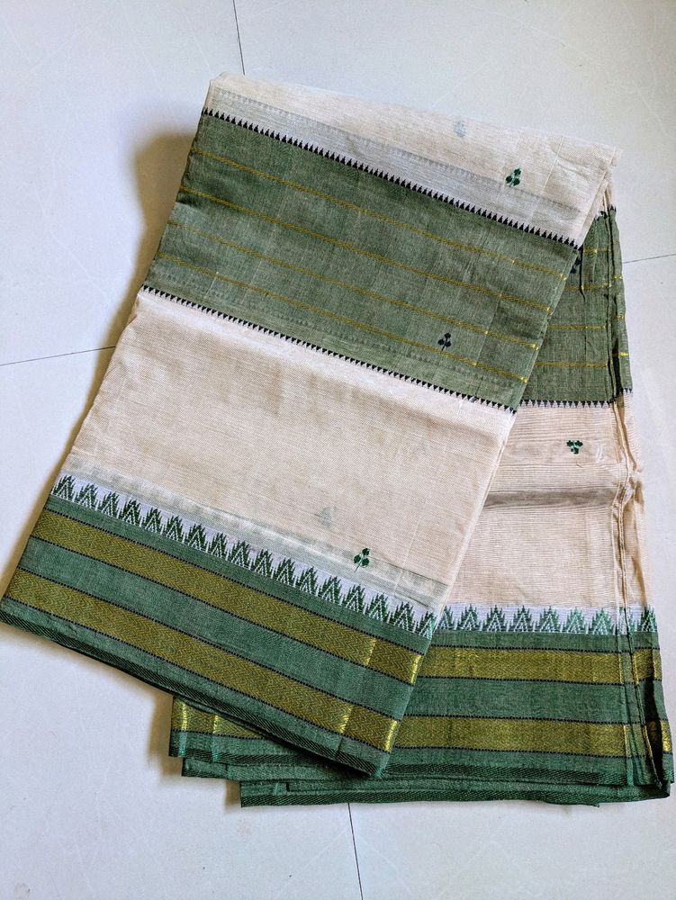 New Beige And Green Cotton Saree