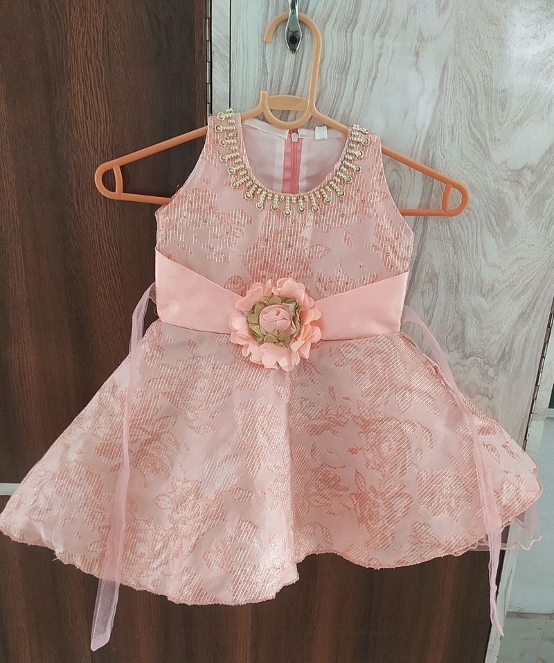 Peach Coloured Rose Patch Neck Design Dress