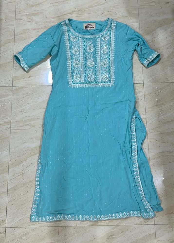 Sky Blue Half Sleeve with Silver Work Kurta