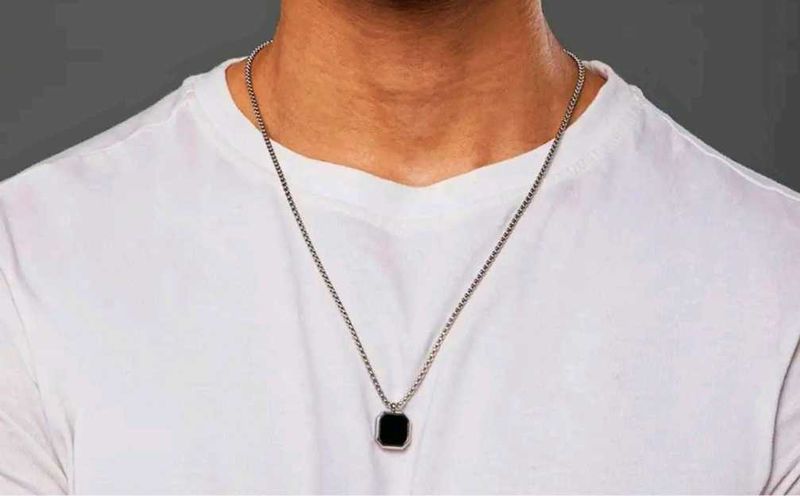 Mens Necklace, Black Onyx Necklace Silver Pendant