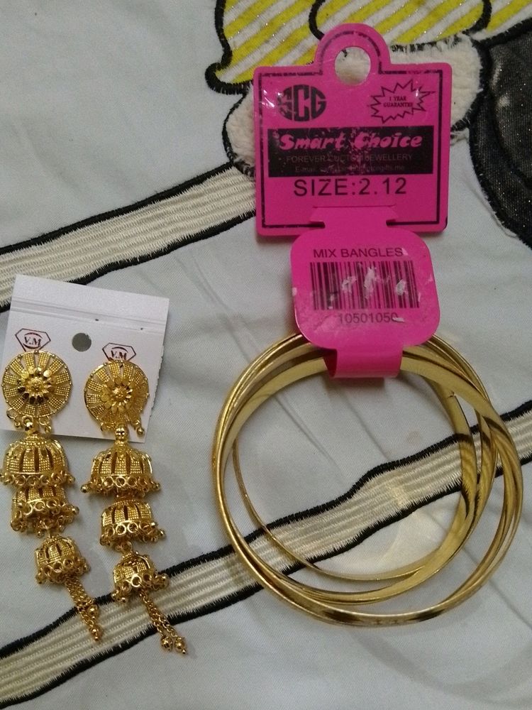 Gold Plated Bangles 4pc And Earrings With 2layers