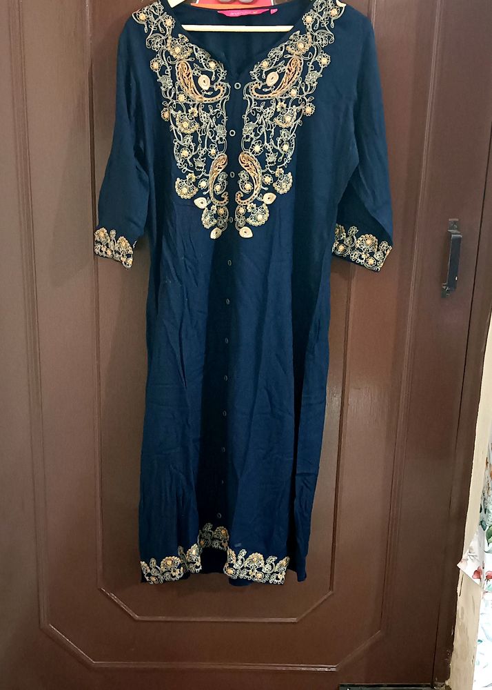 Navy Blue Embroidered Kurta