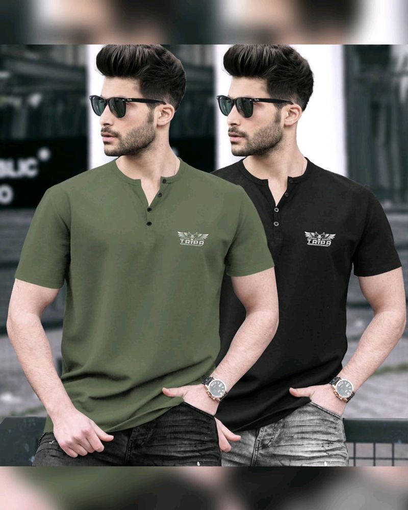 Pack of 2 Men Printed Henley Neck Cotton Blend Mul