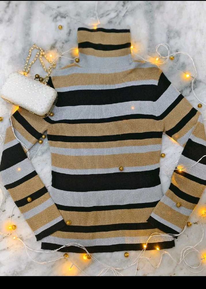 Turtle Neck Striped Shimmer Sweater