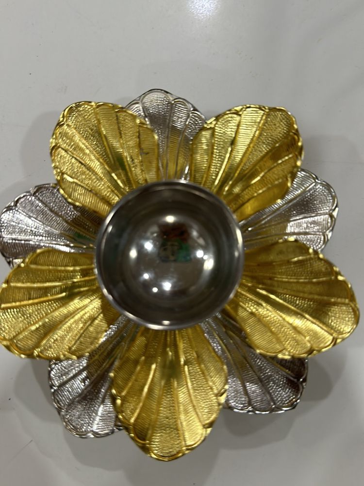 Sliver Flower Diya  With Granite Base Pooja Needs