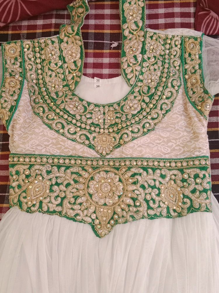 Off White Anarkali Kurta With Green Border