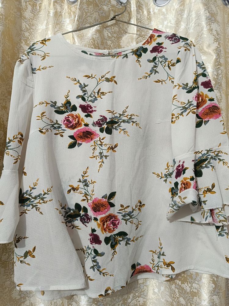 White Flower Printed Party And Casual Wear Top