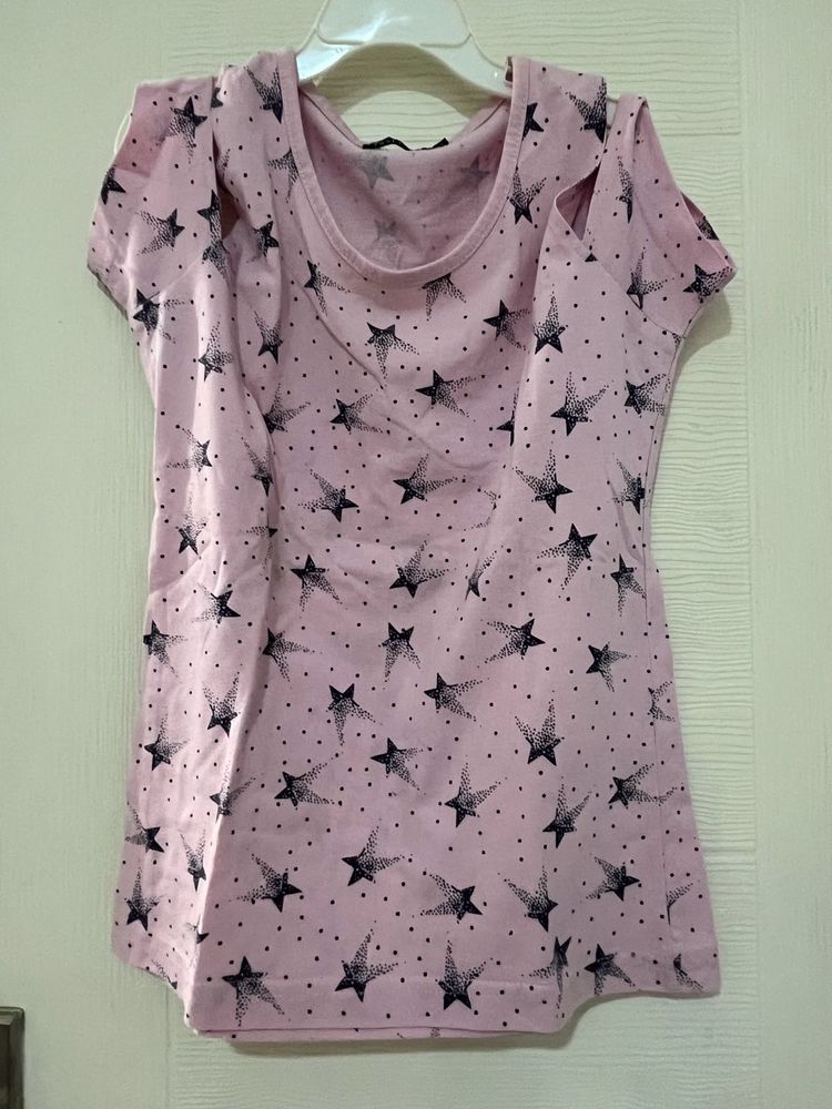 Pink Top With Star Print, Cold Shoulders Size 32