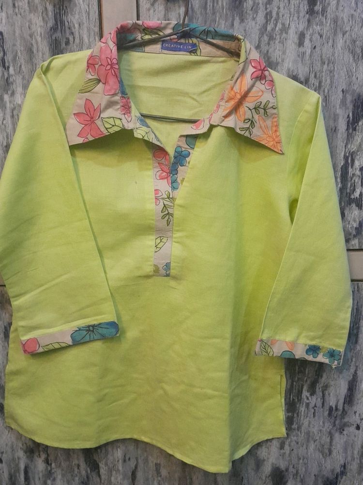 Lime Yellow Kurti With Multi Color Collared Neck