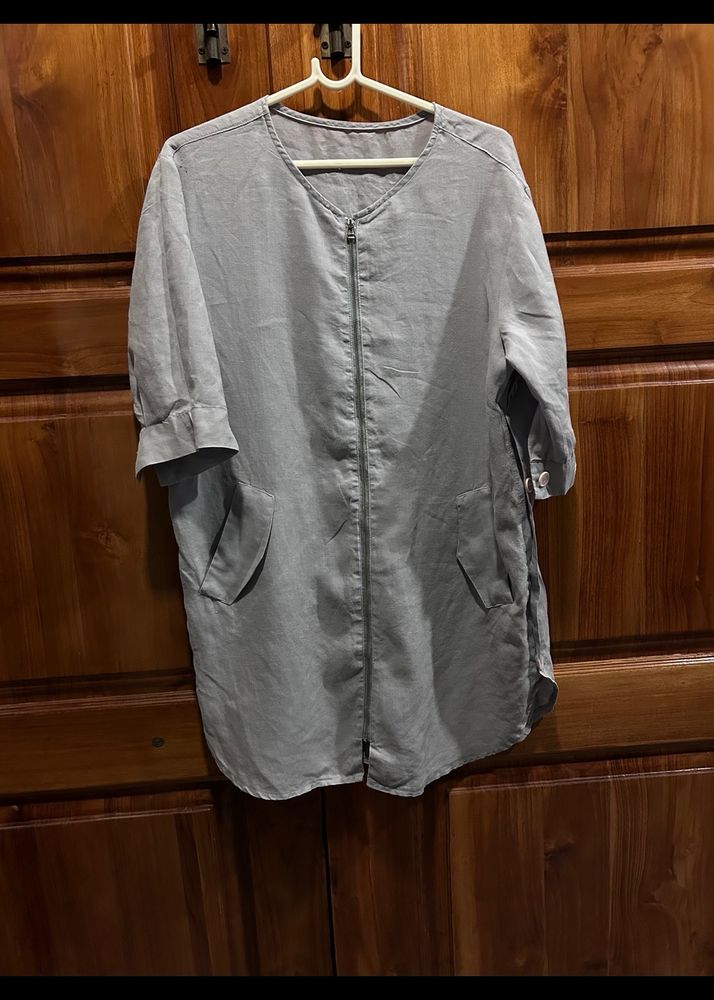 Linen Loose Top With Zipper In Front