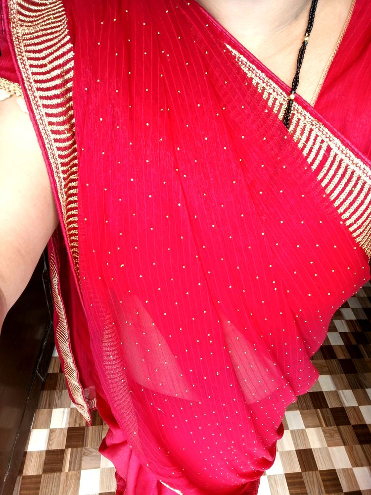 Red Saree Beautiful Border With Blouse Size 42