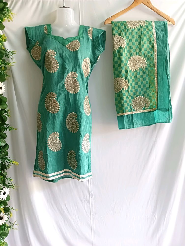 Embroidered Green Kurti With Dupatta Set