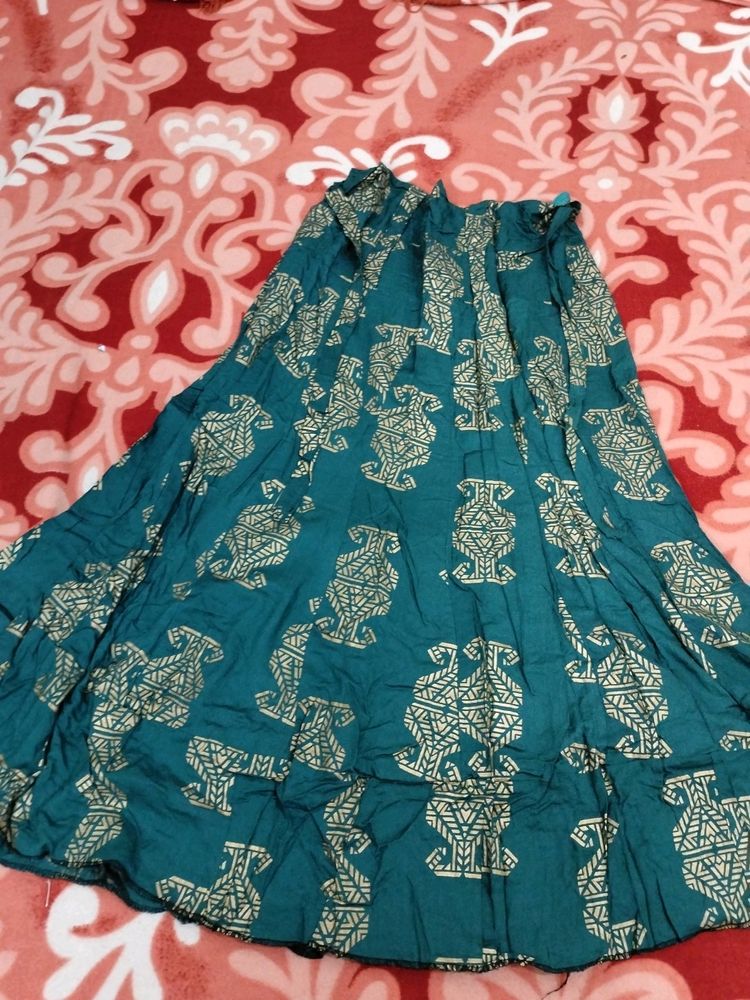 Dark Green 🌑 Cotton Long Skirt + Golden Design