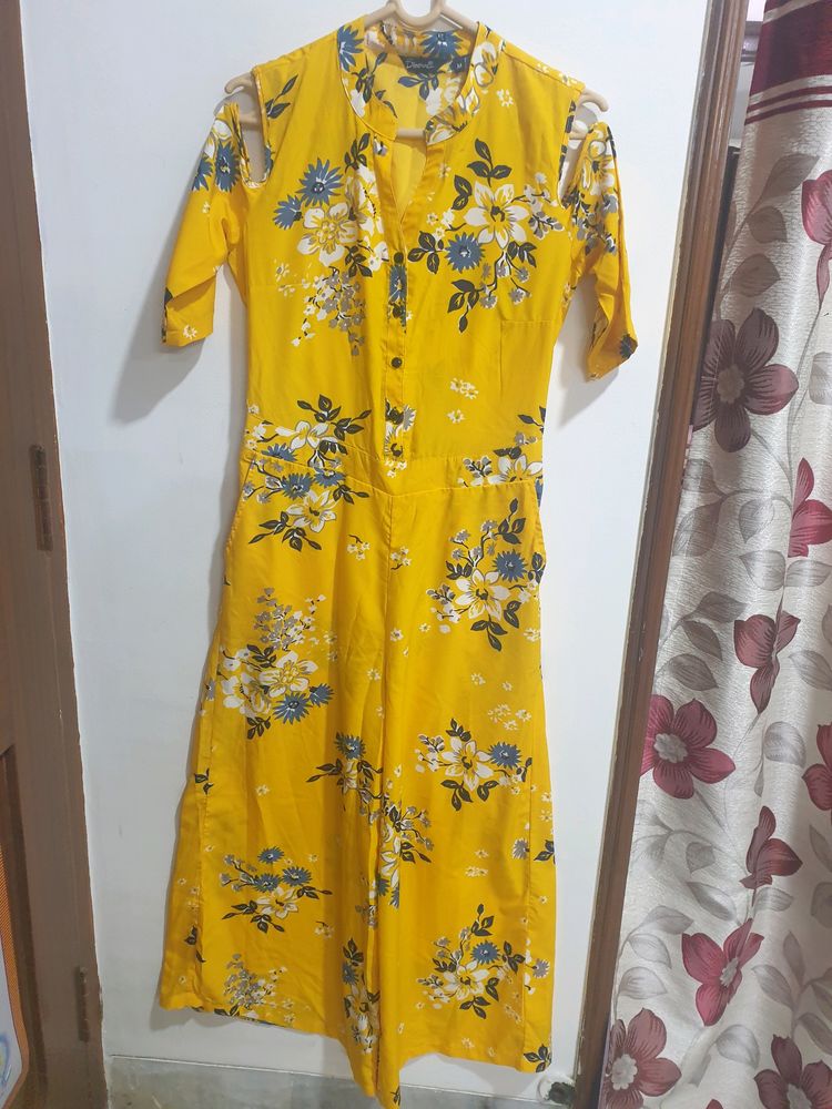 Mustard Yellow and Blue printed cold-shoulde