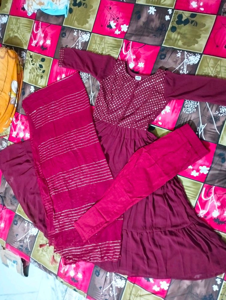 Maroon Flared Frock Pant With Dupatta..