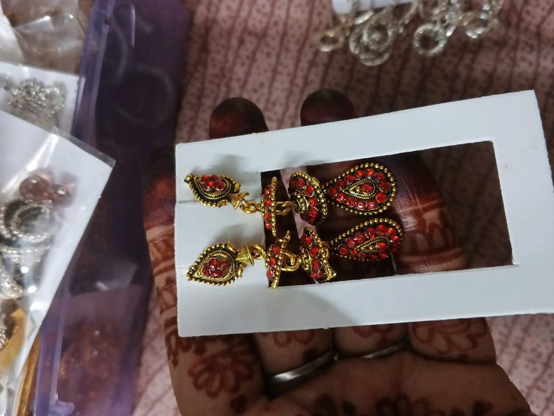 Red Jhumka Earrings 3 Layer