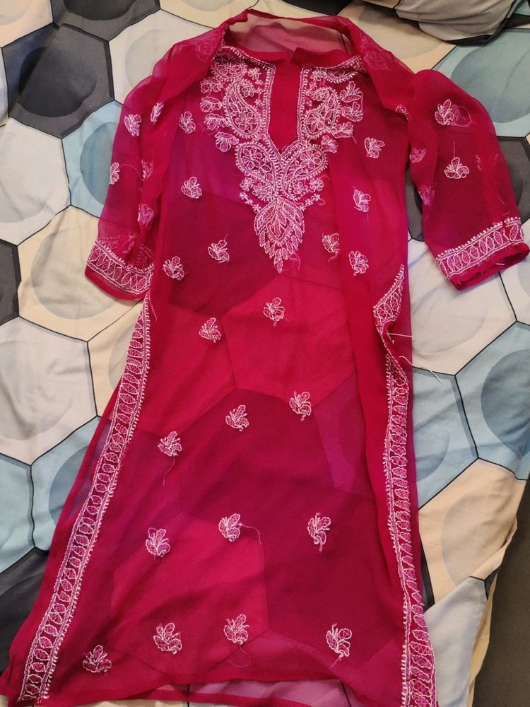 Handmade Chikankaari Suit In Pink/Magenta Colour With Inner