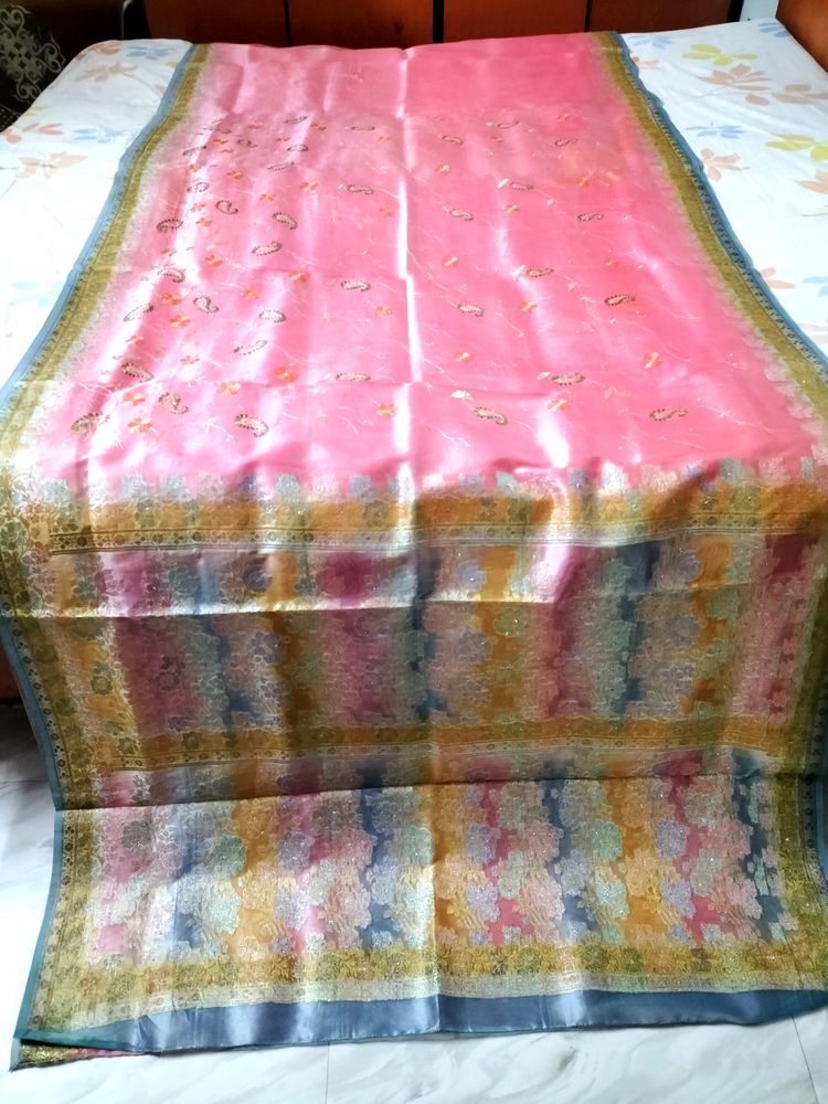 Baby Pink Organza Multi Print Chanderi Saree