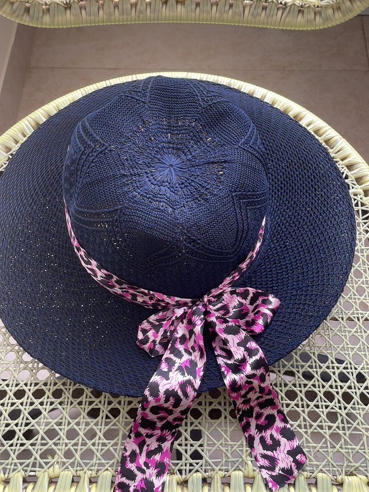 Blue Hat With pink Animal print Ribbon