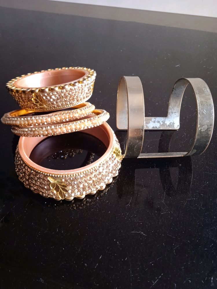 Combo Of Bangles + Gold  Metal Bracelet