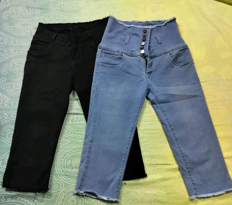 Black And Blue Denim Capri