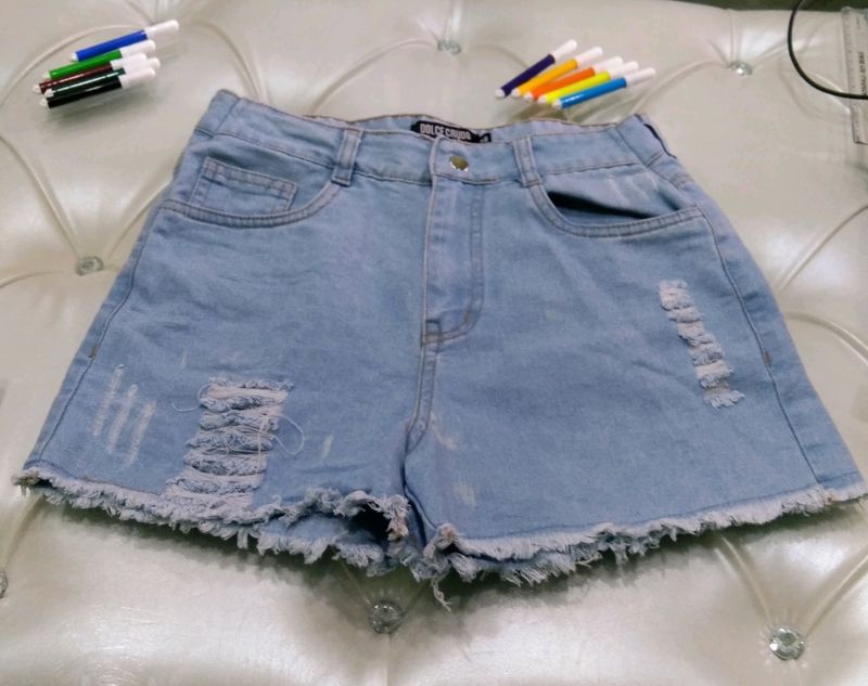 Ice Blue coloured denim ripped shorts