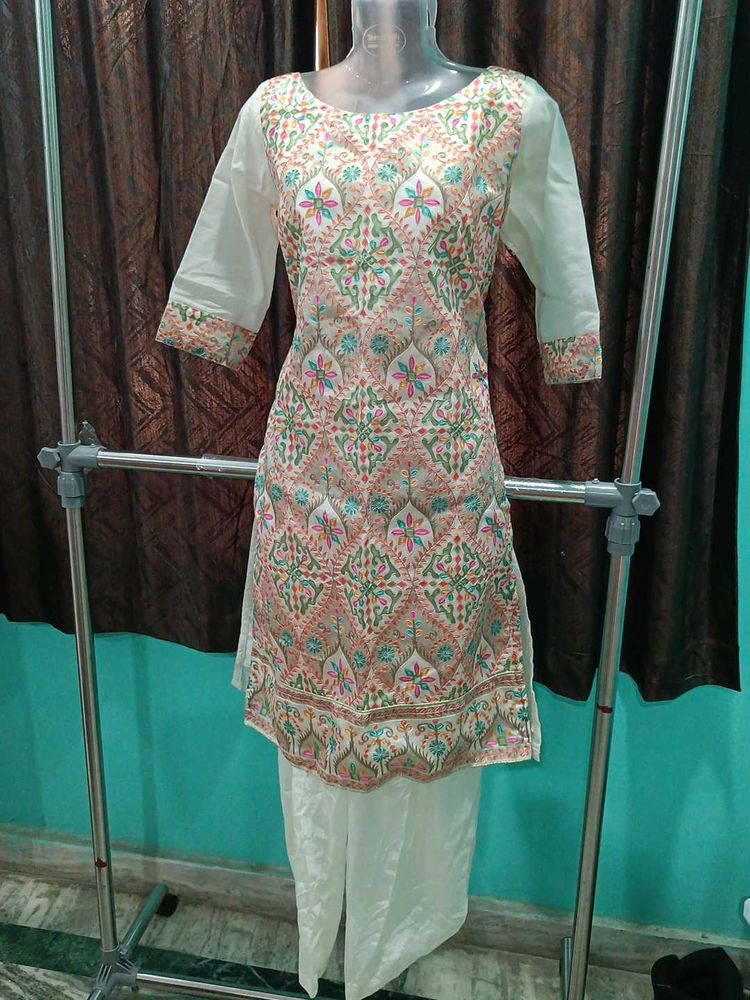 White Multi Colour Embroidery Suit