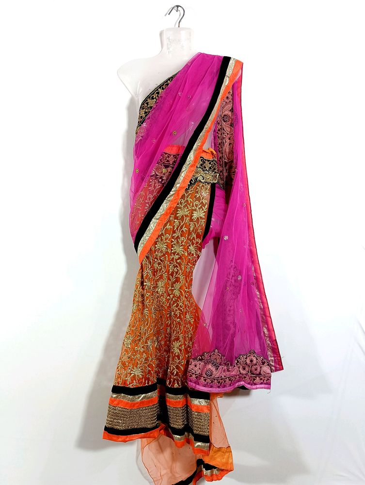 Rose Pink & Orange Lehenga Style Saree (Women)