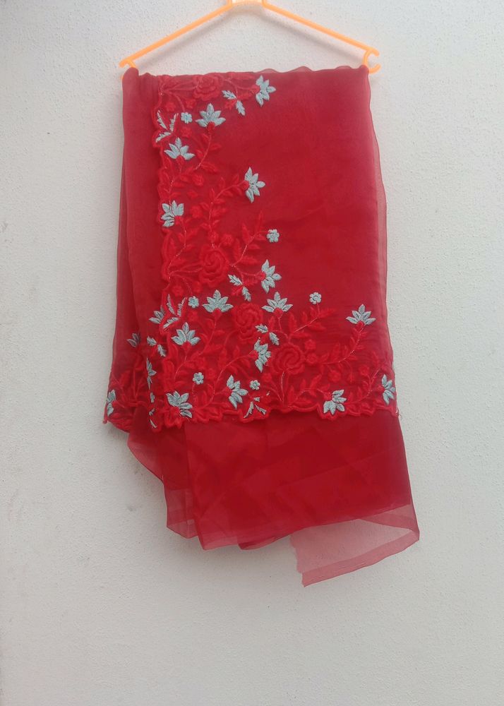 New Red Organza Saree With Unstitched Blouse