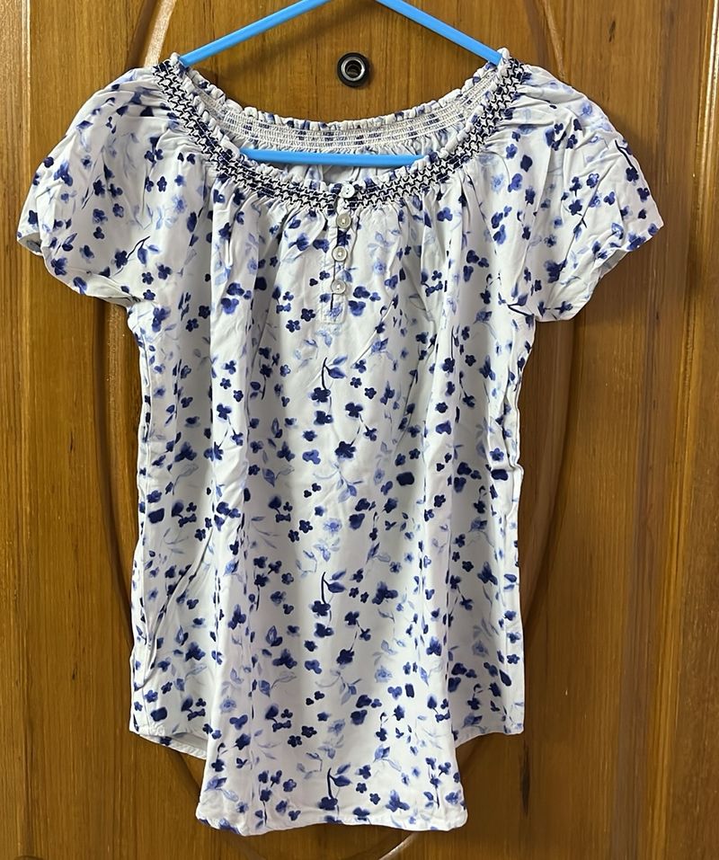 White Blue Printed Top