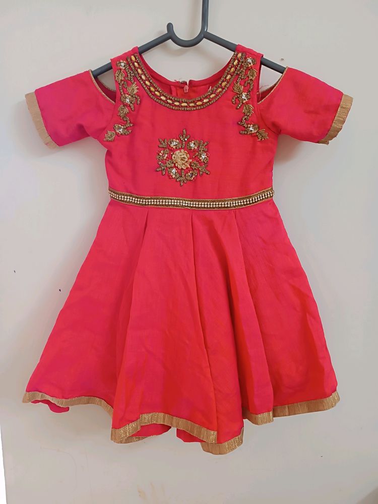 Aari Work Pink Party Wear Frock