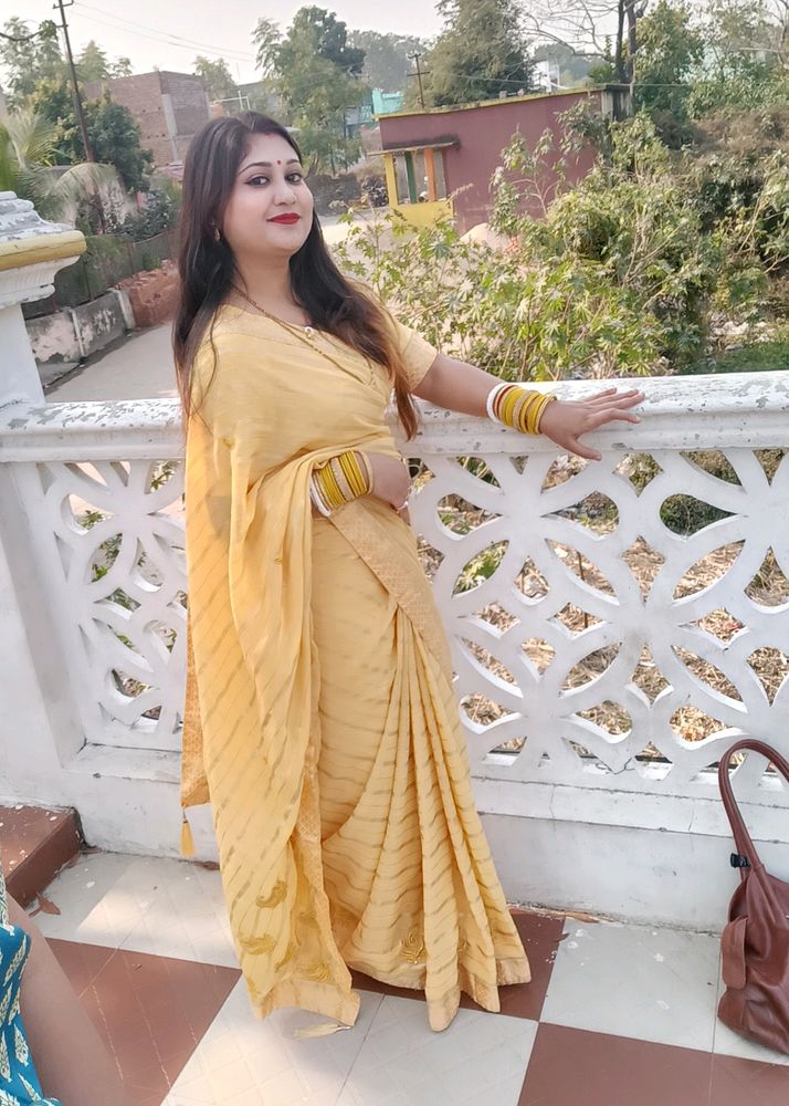 Yellow Saree With Blouse Very Nice Look Like Puja