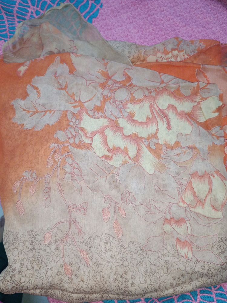 Pure Chiffon Orange And Beige Printed Saree