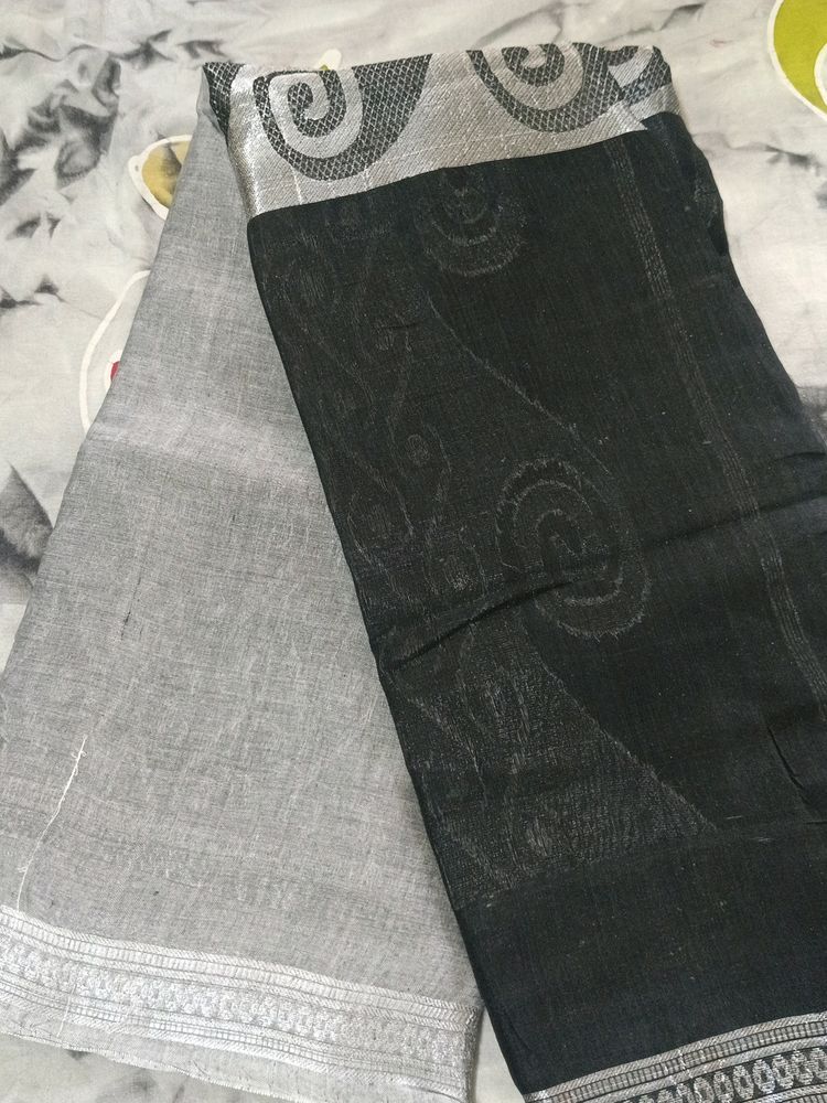 Cotton Black & Grey Saree